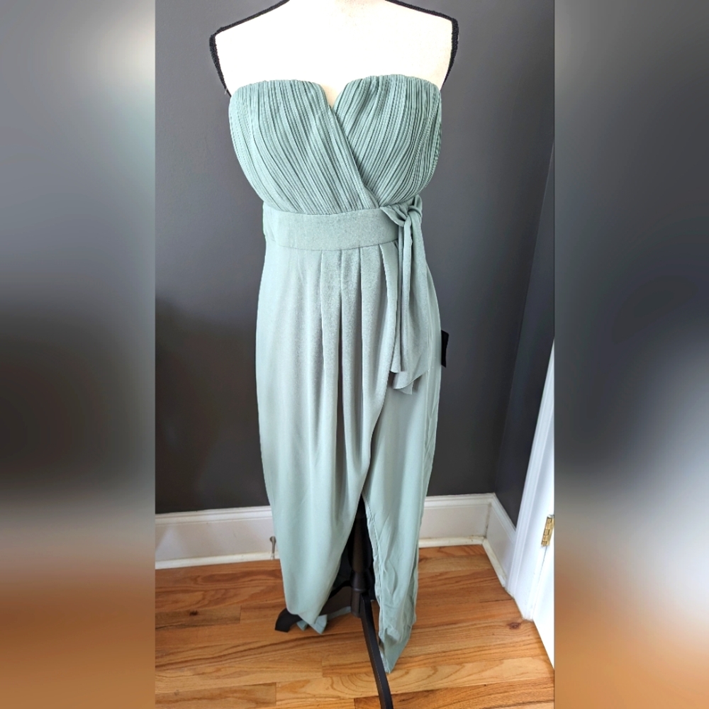 Lulu's Easy Elegance Sage Brush Pleated Strapless Maxi Dress